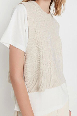 Kadın Modern Tarz Rahat Kolsuz Bisiklet Yaka Saç Örgü Kol Crop Triko Süveter