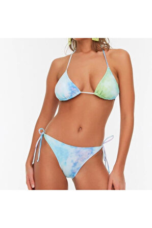 Moda Çiçekli Atma Kap Bralette Normal Bel Slip Mavi Üçgen Bağlamalı Regular Bikini Takımı