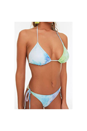 Moda Çiçekli Atma Kap Bralette Normal Bel Slip Mavi Üçgen Bağlamalı Regular Bikini Takımı