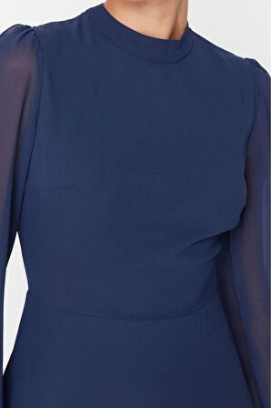 Moda Regular Gündüz Gece Şifon Dokuma Dik Yaka Uzun Kol A-Line Midi Boy Elbise