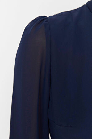 Moda Regular Gündüz Gece Şifon Dokuma Dik Yaka Uzun Kol A-Line Midi Boy Elbise