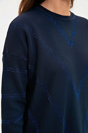 Stil Modern Kadın Midi Düşük Kol Bisiklet Yaka Tesettür Simli Uzun Triko Kazak