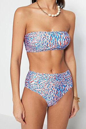 Moda Leopar Atma Kap Straplez Yüksek Bel Hipster Yeşil Straplez Yüksek Bel Hipster Bikini Takımı