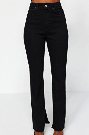 Stil Kadın Moda Denim Kot Pantolon Regular Boru Paça Yırtmaçlı Yüksek Bel Jeans