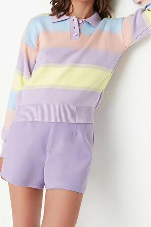 Kadın Modern Tarz Rahat Uzun Polo Yaka Renk Bloklu Kol Regular Triko Kazak