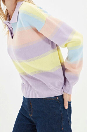 Kadın Modern Tarz Rahat Uzun Polo Yaka Renk Bloklu Kol Regular Triko Kazak