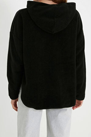 Tarz Bol Kapüşonlu Düşük Kol Uzun Kalın Polar ve Fermuarlı Geniş Kalıp Örme Sweatshirt