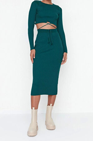 Moda Triko Degrade Bisiklet Yaka Günlük Yeşil Super Crop Bağlama Detaylı Etekli Triko Alt-Üst Takım