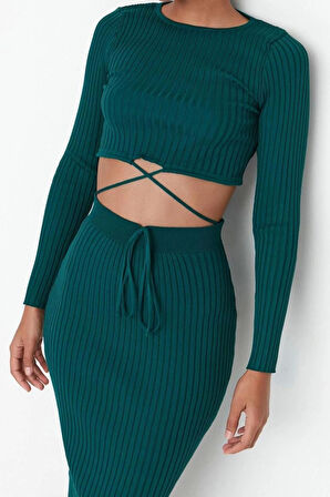 Moda Triko Degrade Bisiklet Yaka Günlük Yeşil Super Crop Bağlama Detaylı Etekli Triko Alt-Üst Takım