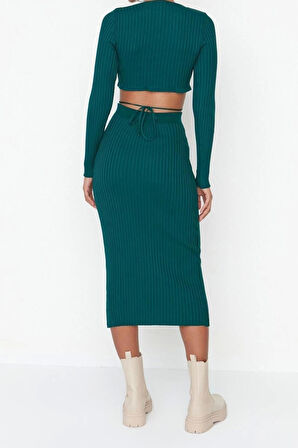 Moda Triko Degrade Bisiklet Yaka Günlük Yeşil Super Crop Bağlama Detaylı Etekli Triko Alt-Üst Takım