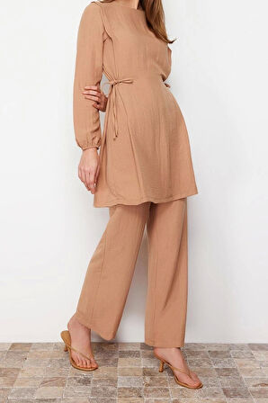 Moda Yüksek Bel Bisiklet Yaka Günlük Siyah Kuşgözü Bağlama Detaylı Aerobin Tunik-Pantolon Takım