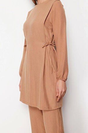 Moda Yüksek Bel Bisiklet Yaka Günlük Siyah Kuşgözü Bağlama Detaylı Aerobin Tunik-Pantolon Takım