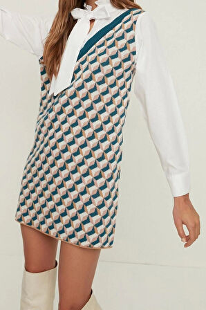 Moda Regular Business Pike Triko V Yaka Uzun Kol Shift Mini Boy Elbise