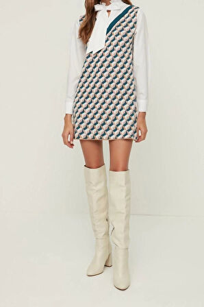 Moda Regular Business Pike Triko V Yaka Uzun Kol Shift Mini Boy Elbise