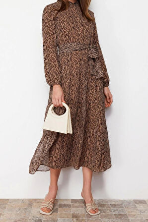 Moda Rahat Casual Günlük Şifon Dokuma Dik Yaka Uzun Kol Basic Maxi Boy Tesettür Elbise