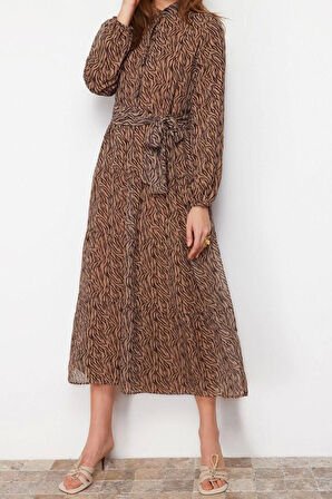 Moda Rahat Casual Günlük Şifon Dokuma Dik Yaka Uzun Kol Basic Maxi Boy Tesettür Elbise