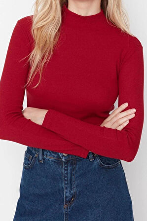 Moda Dik Yaka Örme Slim Düz Desen Casual Günlük Regular Uzun Kol Bluz