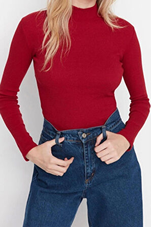 Moda Dik Yaka Örme Slim Düz Desen Casual Günlük Regular Uzun Kol Bluz