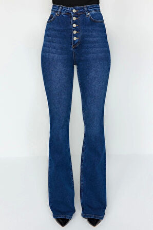 Stil Kadın Moda Denim Kot Pantolon Uzun Geniş Paça Önden Düğmeli Yüksek Bel Jeans