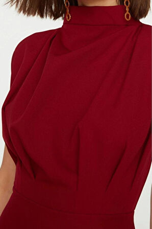 Moda Kolsuz Dik Yaka Midi Elbise Camel Vücuda Oturan Dik Yaka Midi Kalem Etek Dokuma Elbise