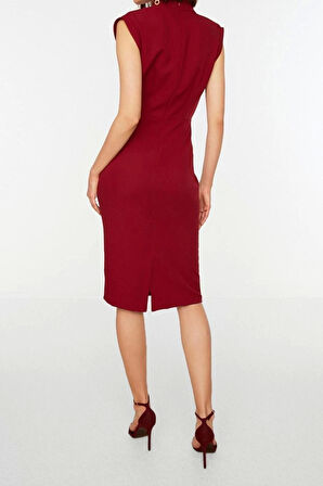 Moda Kolsuz Dik Yaka Midi Elbise Camel Vücuda Oturan Dik Yaka Midi Kalem Etek Dokuma Elbise