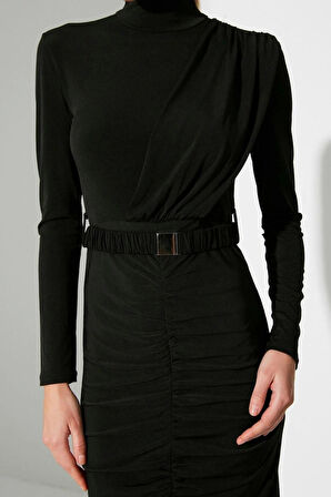 Moda Slim Şık Abiye Gece Sandy Örme Dik Yaka Uzun Kol Bodycone Midi Boy Elbise