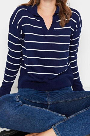 Kadın Modern Tarz Rahat Uzun Polo Yaka Çizgili Kol Regular Triko Kazak