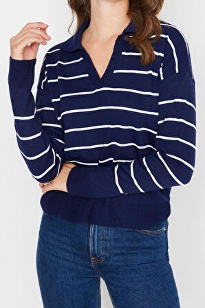 Kadın Modern Tarz Rahat Uzun Polo Yaka Çizgili Kol Regular Triko Kazak