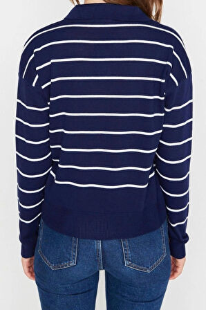 Kadın Modern Tarz Rahat Uzun Polo Yaka Çizgili Kol Regular Triko Kazak