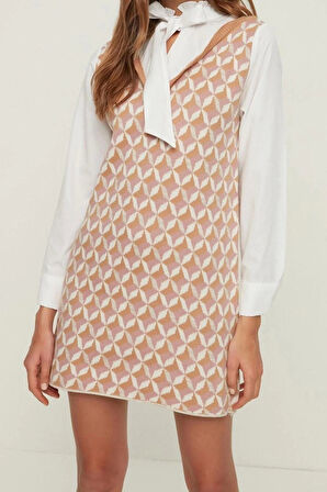 Moda Regular Business Pike Triko V Yaka Uzun Kol Shift Mini Boy Elbise