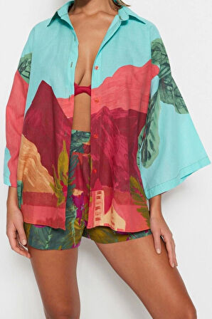 Moda Manzara Gömlek Yaka Düşük Kol Plaj Manzara Desenli Dokuma %100 Pamuklu Gömlek Şort Takım