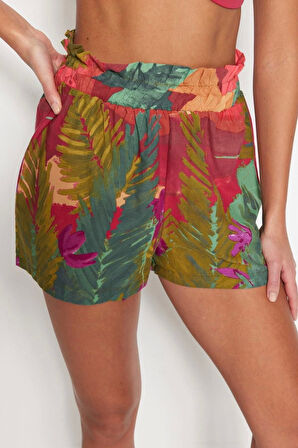 Moda Manzara Gömlek Yaka Düşük Kol Plaj Manzara Desenli Dokuma %100 Pamuklu Gömlek Şort Takım