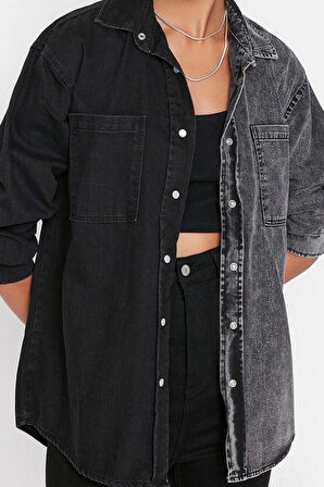 Moda Kadın Gömlek Yaka Düz Desen Günlük Renk Bloklu Denim Gömlek