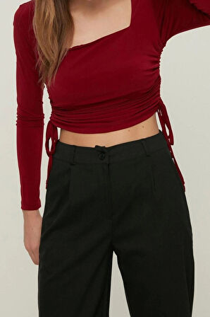 Moda Kare Yaka Örme Slim Düz Desen Casual Günlük Crop Uzun Kol Bluz