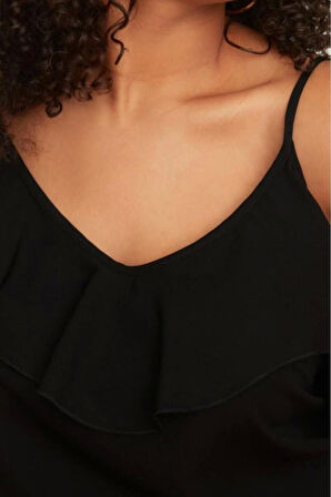 Moda Büyük Beden V Yaka Dokuma Regular Düz Desen Casual Günlük Regular Askılı Kol Bluz