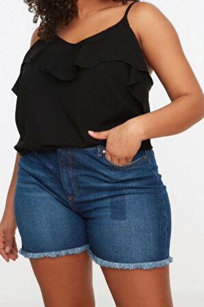 Moda Büyük Beden V Yaka Dokuma Regular Düz Desen Casual Günlük Regular Askılı Kol Bluz