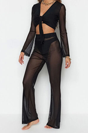 Moda Dokuma Geometrik V Yaka Plaj Siyah Örme Bağlamalı Mesh Bluz Pantolon Takım