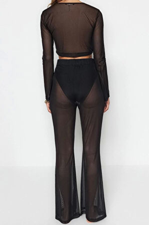 Moda Dokuma Geometrik V Yaka Plaj Siyah Örme Bağlamalı Mesh Bluz Pantolon Takım