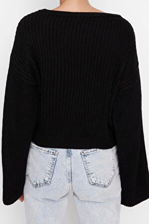 Kadın Modern Tarz Rahat Uzun Bisiklet Yaka Düz Kol Crop Triko Kazak