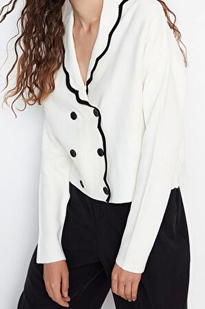 Kadın Modern Tarz Rahat Uzun Kruvaze Renk Bloklu Kol Regular Triko Hırka