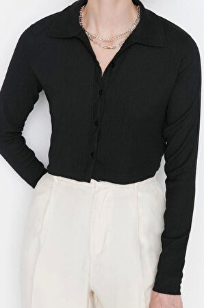 Stil Kadın Düğmeli Fitted Vücuda Oturan Polo Yaka Bürümcük Dokulu Bluz Crop Örme Slim Kalıp