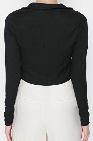 Stil Kadın Düğmeli Fitted Vücuda Oturan Polo Yaka Bürümcük Dokulu Bluz Crop Örme Slim Kalıp