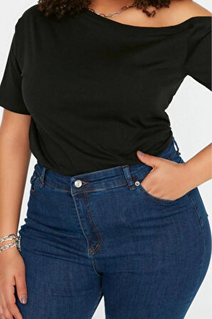 Moda Büyük Beden Devrik Yaka Örme Regular Düz Desen Casual Günlük Crop Kısa Kol Bluz