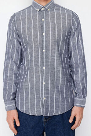 Moda Erkek Düğmeli Yaka Çizgili Desen Resmi Çizgili Gömlek