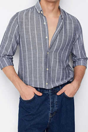 Moda Erkek Düğmeli Yaka Çizgili Desen Resmi Çizgili Gömlek