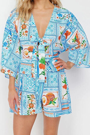 Moda Manzara V Yaka Düşük Kol Plaj Açık Tropikal Desenli Dokuma %100 Pamuklu Gömlek Şort Takım