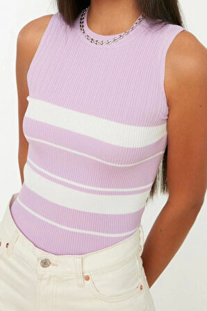 Moda Bisiklet Yaka Triko Slim Renk Bloklu Desen Casual Günlük Regular Kolsuz Bluz