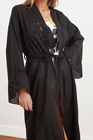 Moda Dokuma Regular Kalıp Uzun V Yaka İspanyol Kol Flamlı Pamuk Basic Düz Desen Kimono Kaftan
