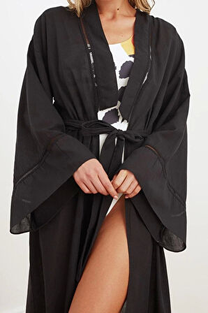 Moda Dokuma Regular Kalıp Uzun V Yaka İspanyol Kol Flamlı Pamuk Basic Düz Desen Kimono Kaftan