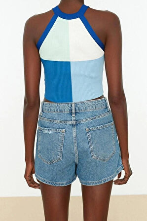 Moda Halter Yaka Triko Slim Renk Bloklu Desen Casual Günlük Crop Kolsuz Bluz
